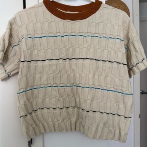 The Endery- Crew Neck Short Sleeve Sweater in Cream with Rust Trim